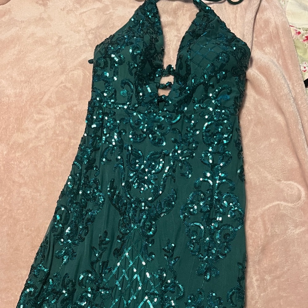 Elegant Teal Sequin Halter Dress